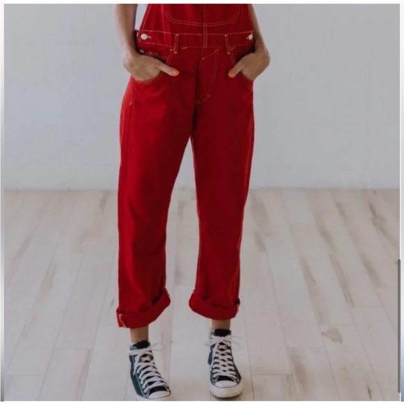 We the Free Ziggy Denim Overalls Size Small Maroon Banner Retro Slouchy - Picture 3 of 11